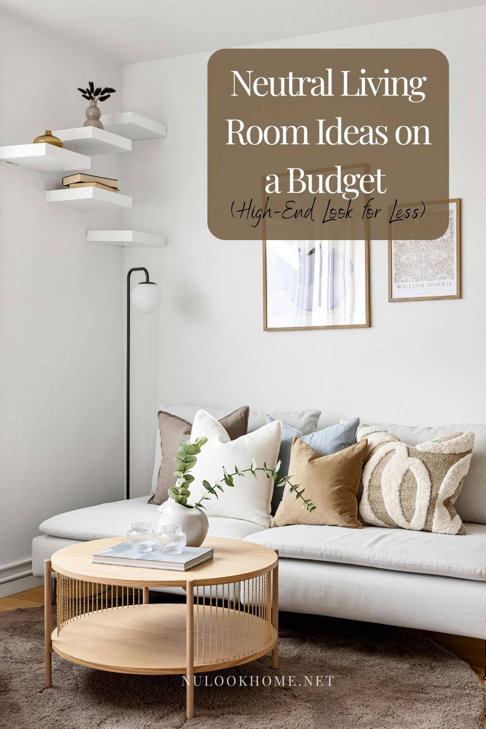 Layered neutral living room with beige sofa, textured throw blankets, woven baskets, and warm modern decor styled on a budget.