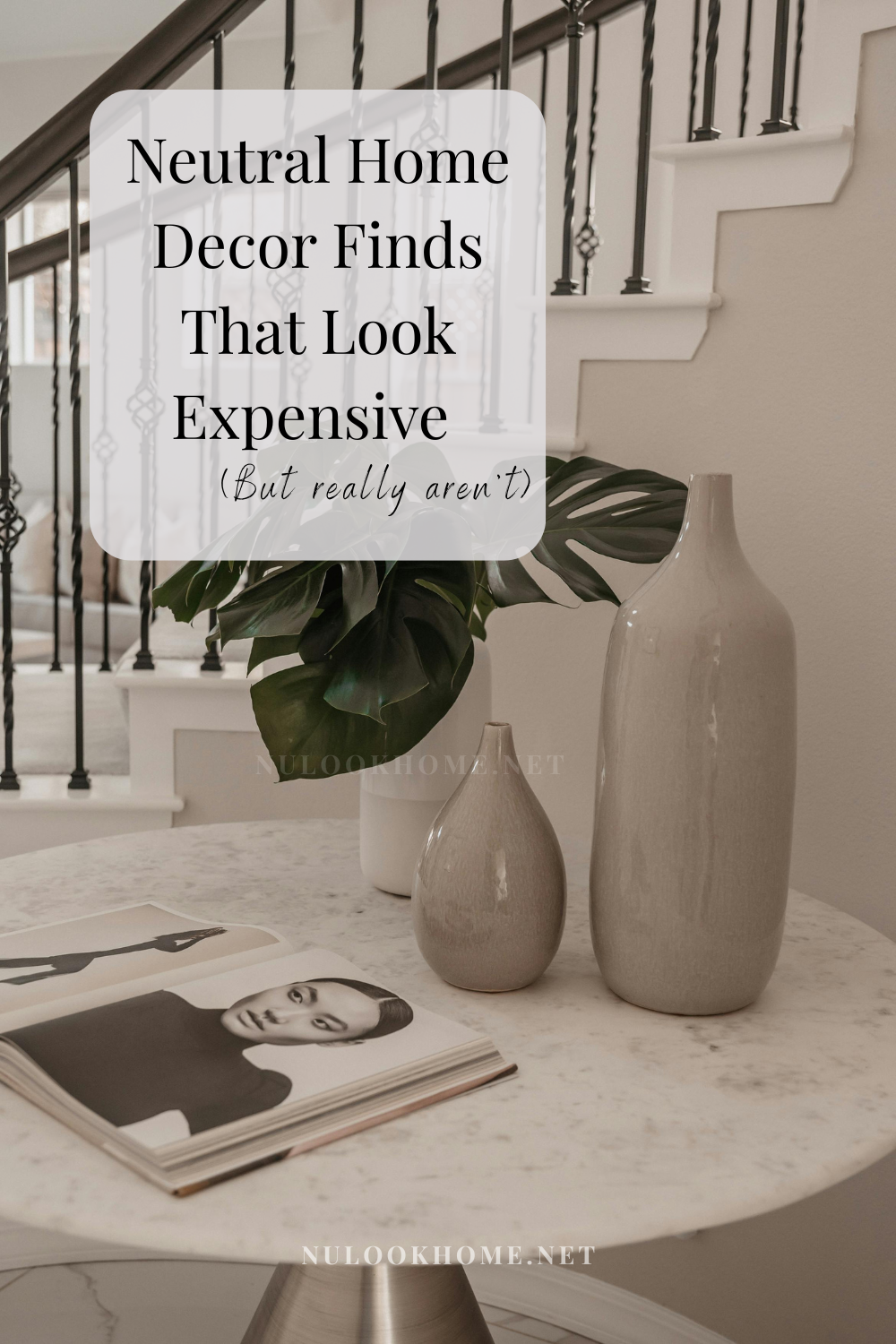 Affordable neutral home decor styled with linen curtains, ceramic vases, bouclé pillows, and minimalist furniture for a luxury look on a budget.